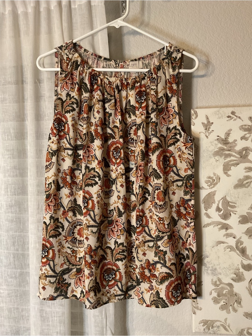 LOFT Cream Floral Sleeveless Camisole with Rust and Olive Accents